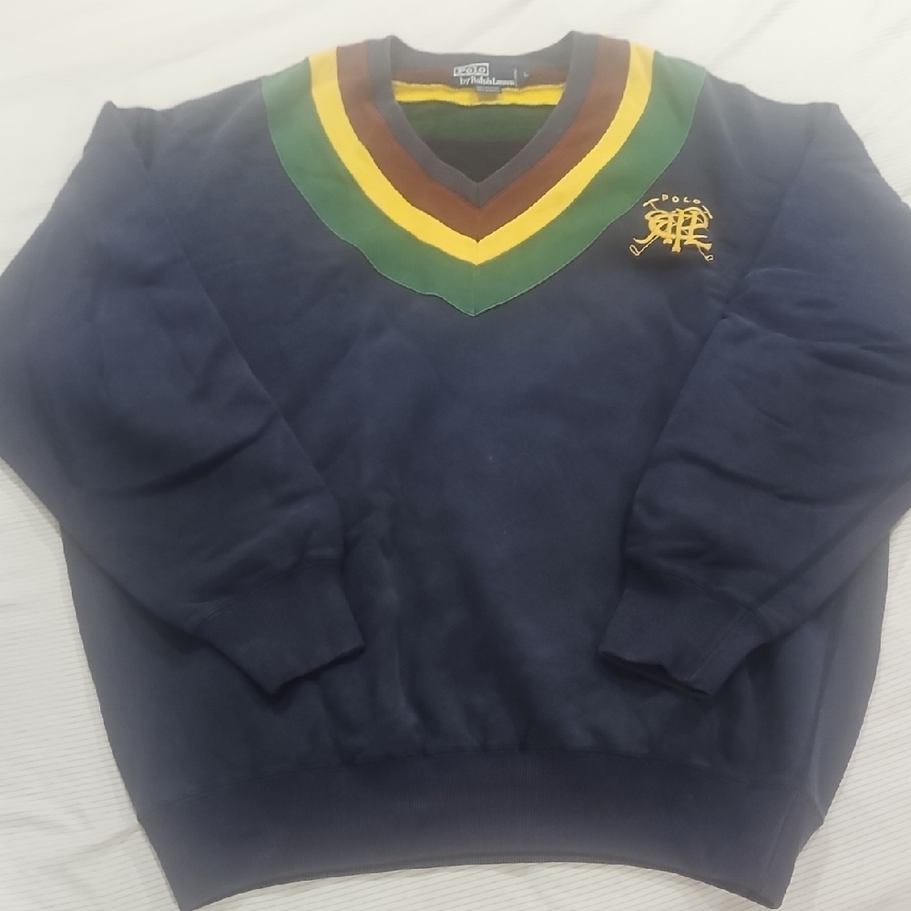 Vintage Polo by Ralph Lauren Navy V-Neck Sweater with Green, Yellow & Brown Trim